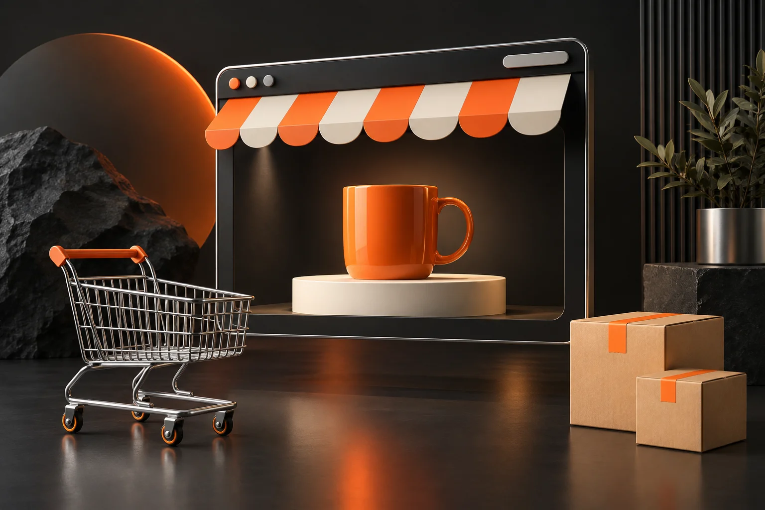 Ürün vitrini, alışveriş sepeti ve teslimat kutularıyla e-ticaret illüstrasyonu